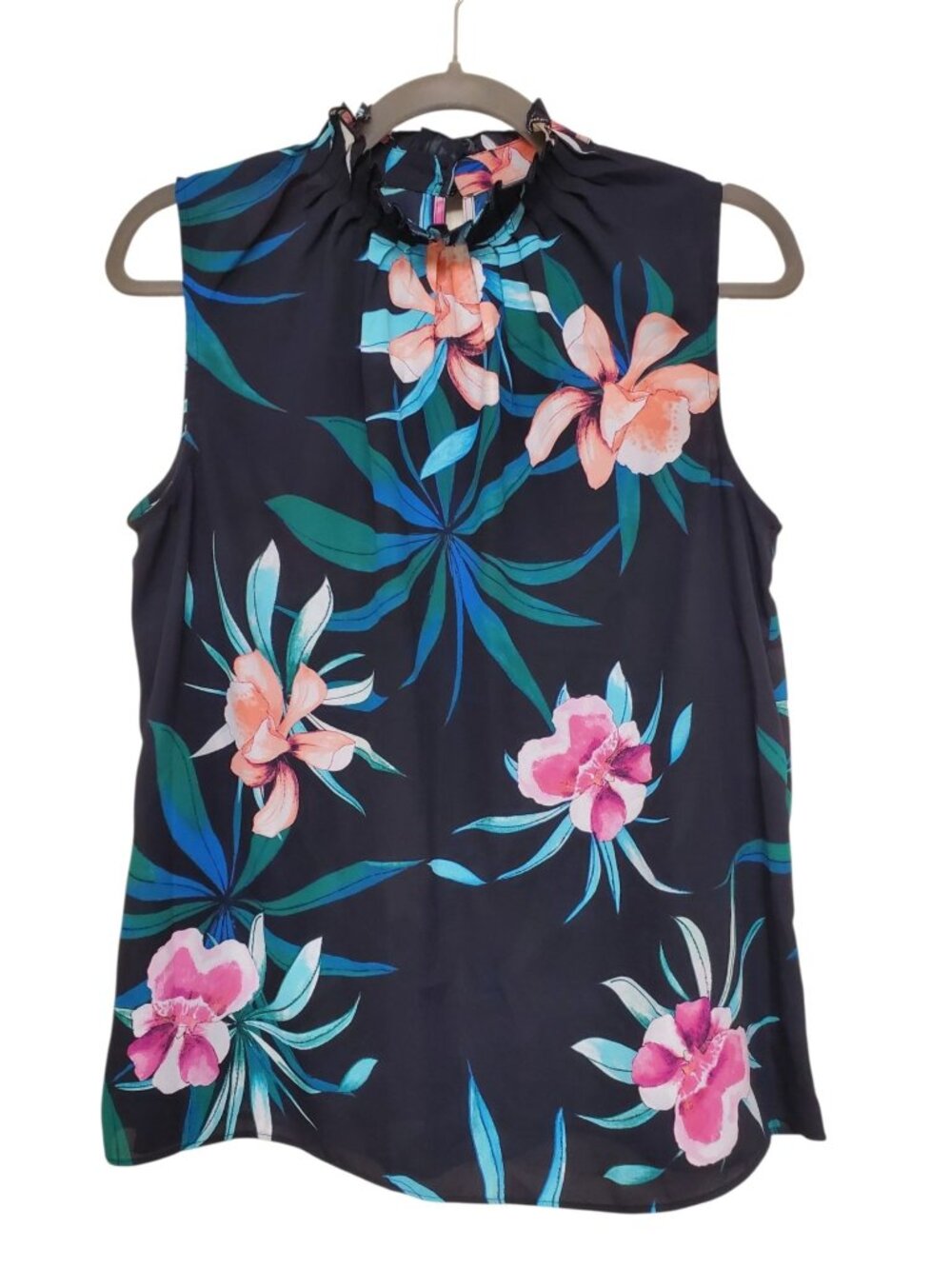 Worthington Women's Black Tropical Hibiscus High Neck Sleeveless Career Top S